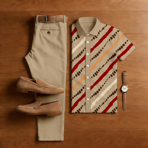 Men's Casual Tan & Multi Color Matching Polka Dots Print Short-Sleeve Shirt & Trousers Two-Piece Set