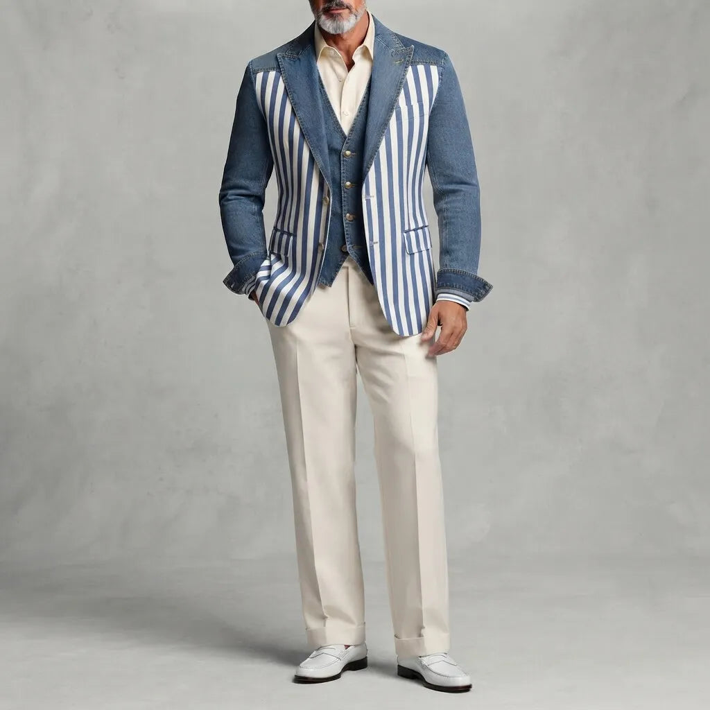 Men's Stylish Contrast Striped Print Peak Lapel Slim Fit Denim Blazers
