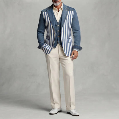 Men's Stylish Contrast Striped Print Peak Lapel Slim Fit Denim Blazers