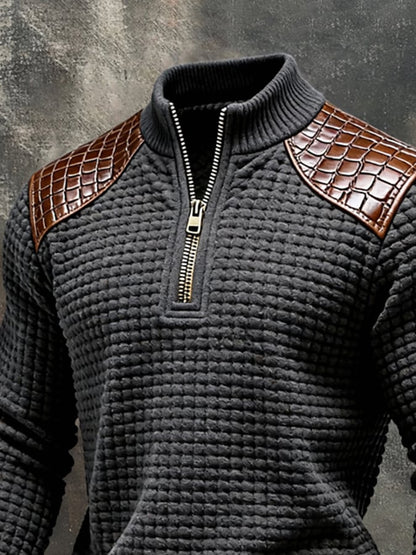 Men'S Vintage Textured Square Grid Patchwork Color-Block Long-Sleeved Sweatshirt