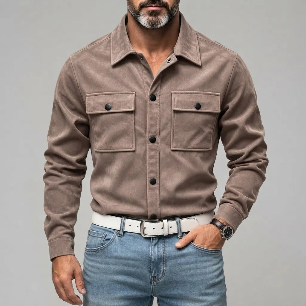 Men's Suede Solid Color Double Chest Pockets Snap Buttons Casual Long Sleeve Shirt