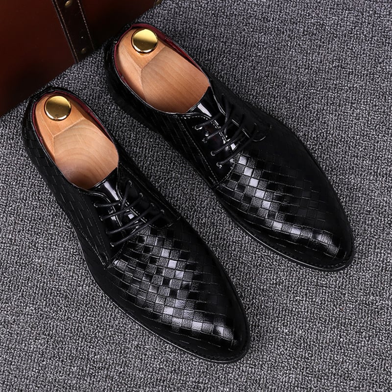 Men's Business Casual Pointed Toe Patchwork Plaid Faux Leather Shoes