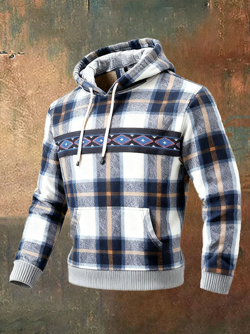 Men's Casual Retro Plaid Print Long Sleeve Hooded Sweatshirt