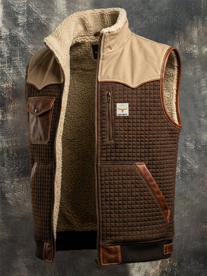 Men's Vintage-Style Textured Jacquard Knit & Leather-Panel Outdoor Warm Hooded Vest