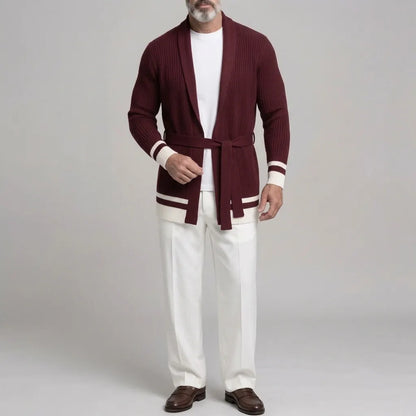 Men's Casual Shawl Collar Ribbed Knit Self Tie Belt Contrast Striped Long Sleeve Open Front Cardigan