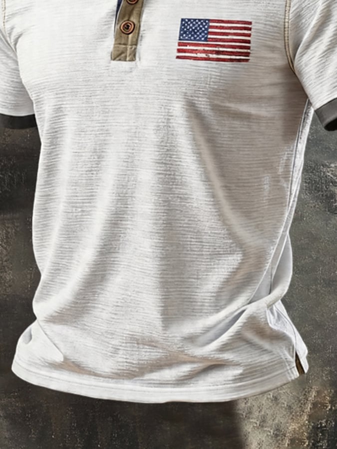 Men's Retro Patriotic Color-Block Short-Sleeve Polo Shirt