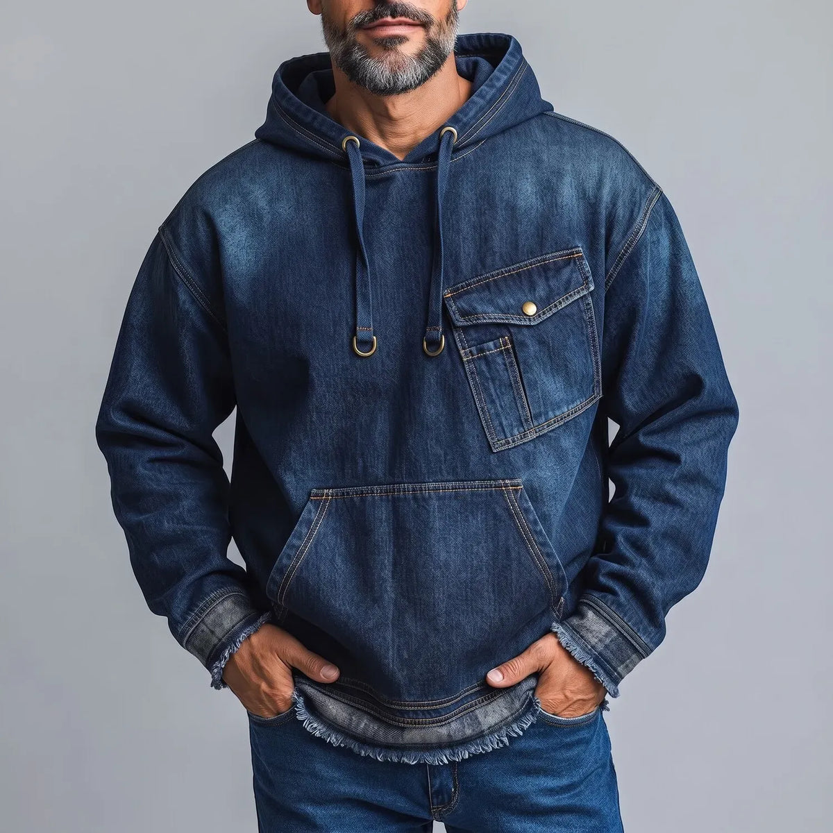 Men's Dark Blue Chest Pocket Frayed Hem Drawstring Pullover Denim Hoodie