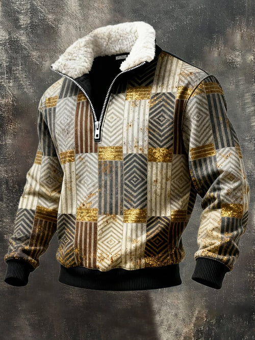 Men's Retro Color Block Print Casual Fur Collar Sweatshirt