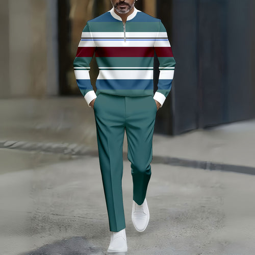 Men's Green & White Casual Color Matching Striped Printed Round-Neck Zipper Long Sleeved Trousers Two-Piece Set