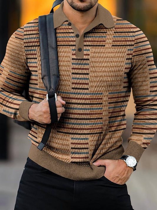 Stripe Casual Long Sleeved Men'S Polo Knit Shirt
