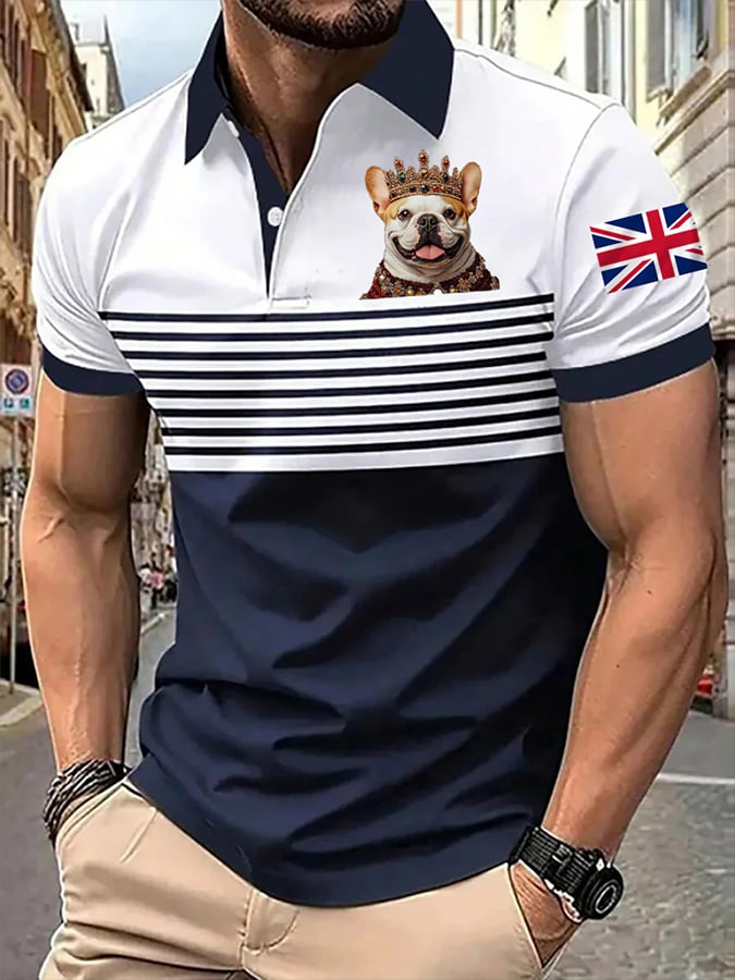 Men's Casual Striped Crown Puppy Bulldog Print POLO Shirt