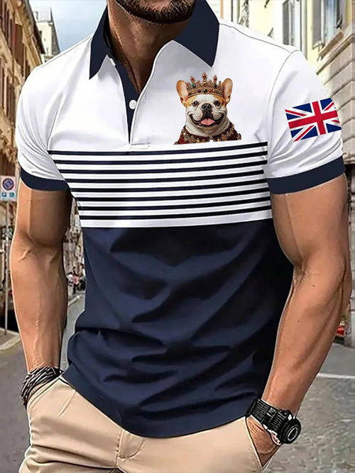 Men's Casual Striped Crown Puppy Bulldog Print POLO Shirt