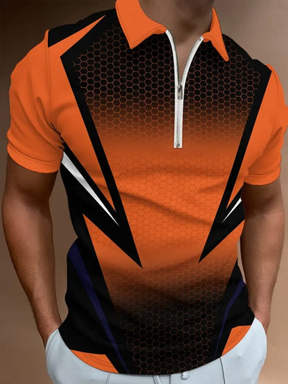 Men's Casual Color Block Zip-Up Polo Shirt