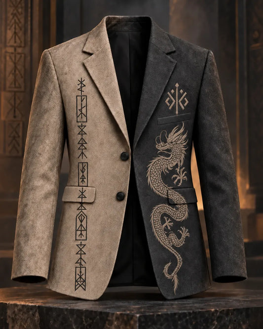 Men's Retro Dragon Color‐block Print Casual Blazer