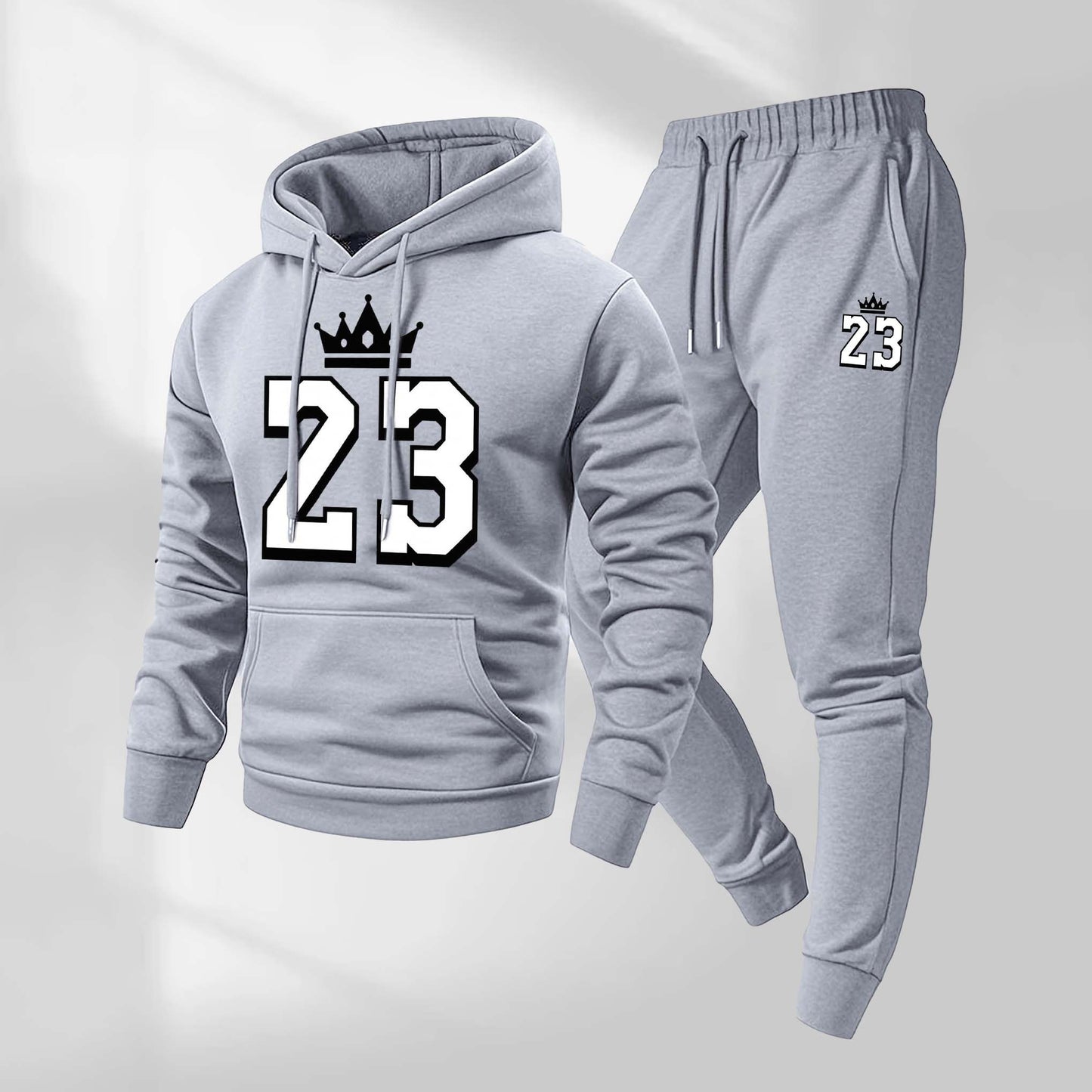 Men's Retro Basketball 23 King Patterned Hoodie And Drawstring Track Pants Set, Men's Casual Athletic Long-Sleeved Hooded Jacket And Pants, Suitable For Fall And Winter, Street Style Hoodie Set, Everyday Wear, Indoor And Outdoor Sportswear