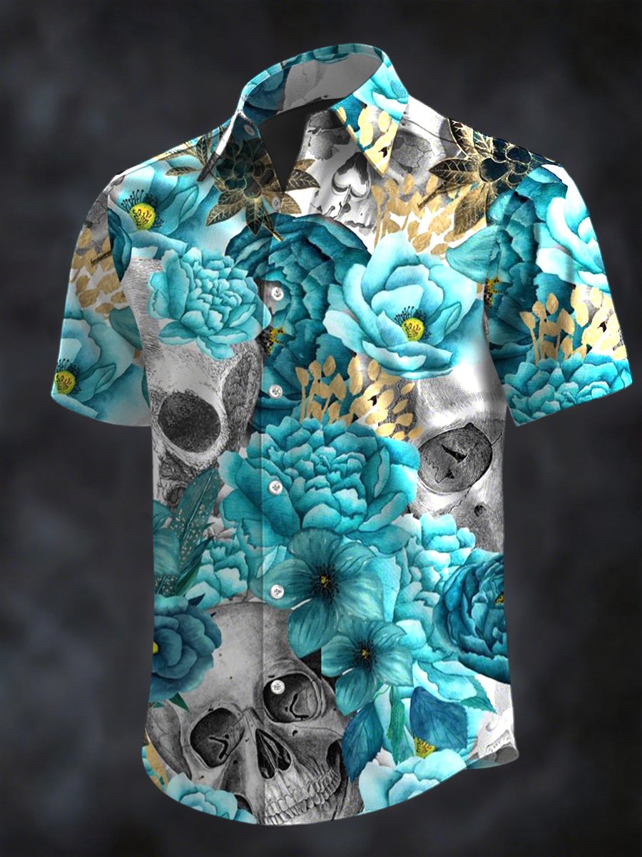 Men's Retro Horror Skull Print Lapel Short Sleeve Shirt