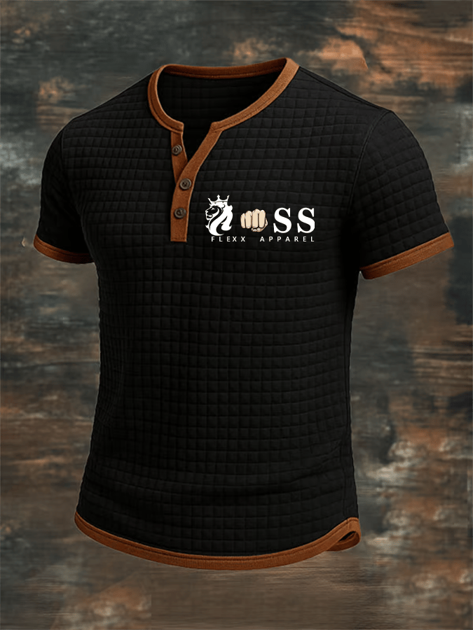 Men's Retro Letter Design Business Contrast Button Short-Sleeved Square Fabric Top