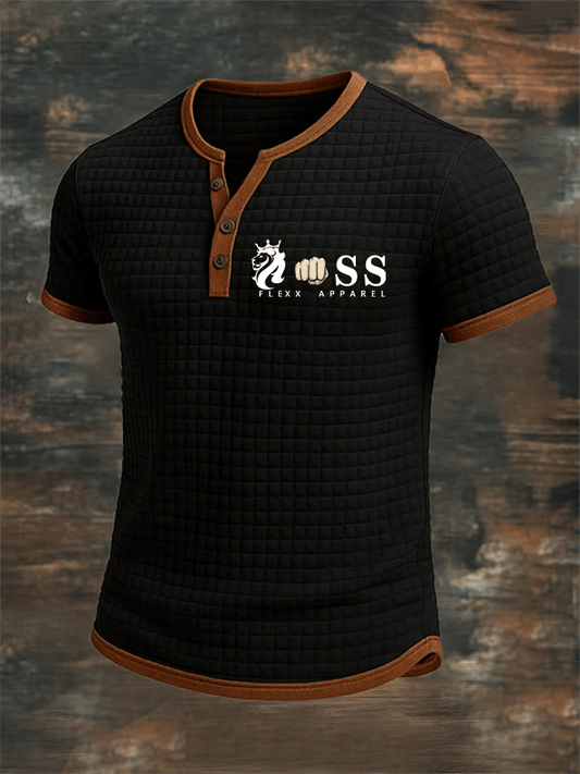 Men's Retro Letter Design Business Contrast Button Short-Sleeved Square Fabric Top