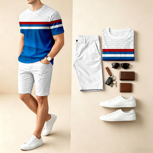 Men's Casual Striped Patchwork Print Round-Neck Short-Sleeve T-Shirt And Shorts Two-Piece Set