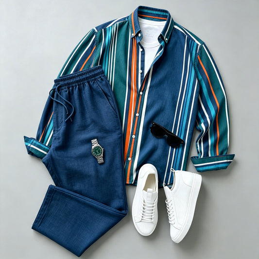 Men's Color-Blocked Striped Long-Sleeve Shirt and Pants Set