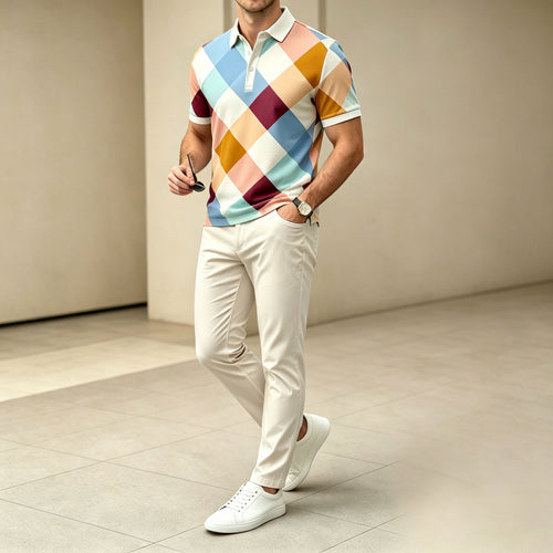 Men's Casual Colorful Plaid Printed Polo Shirt And Pants Two-Piece Set