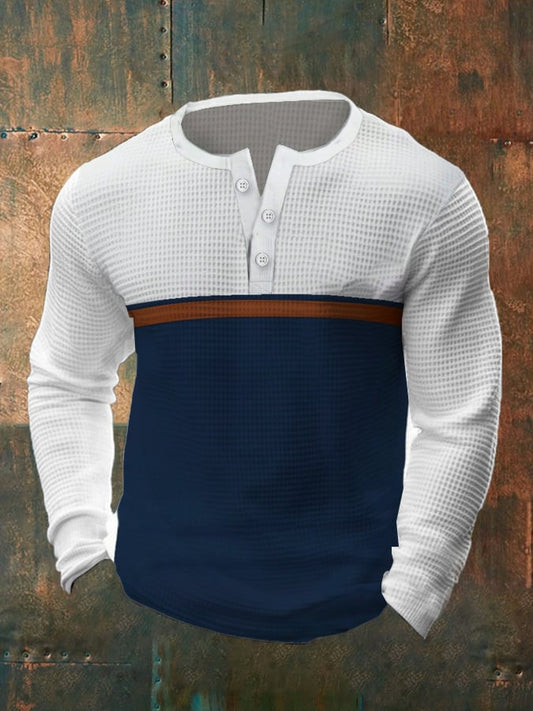 Men's Vintage Waffle Color Patch Henley Neck T-Shirt
