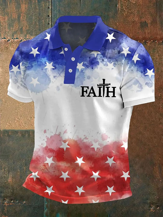 Men's Faith Cross America Flag Printed Short Sleeve POLO T-shirt