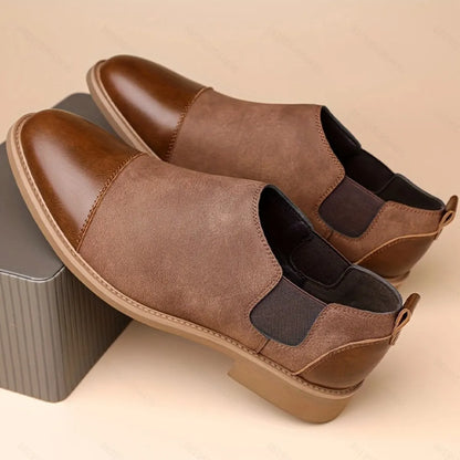 Men's Vintage Two Tone PU Leather Cap Toe Elastic Side Slip On Chelsea Ankle Boots