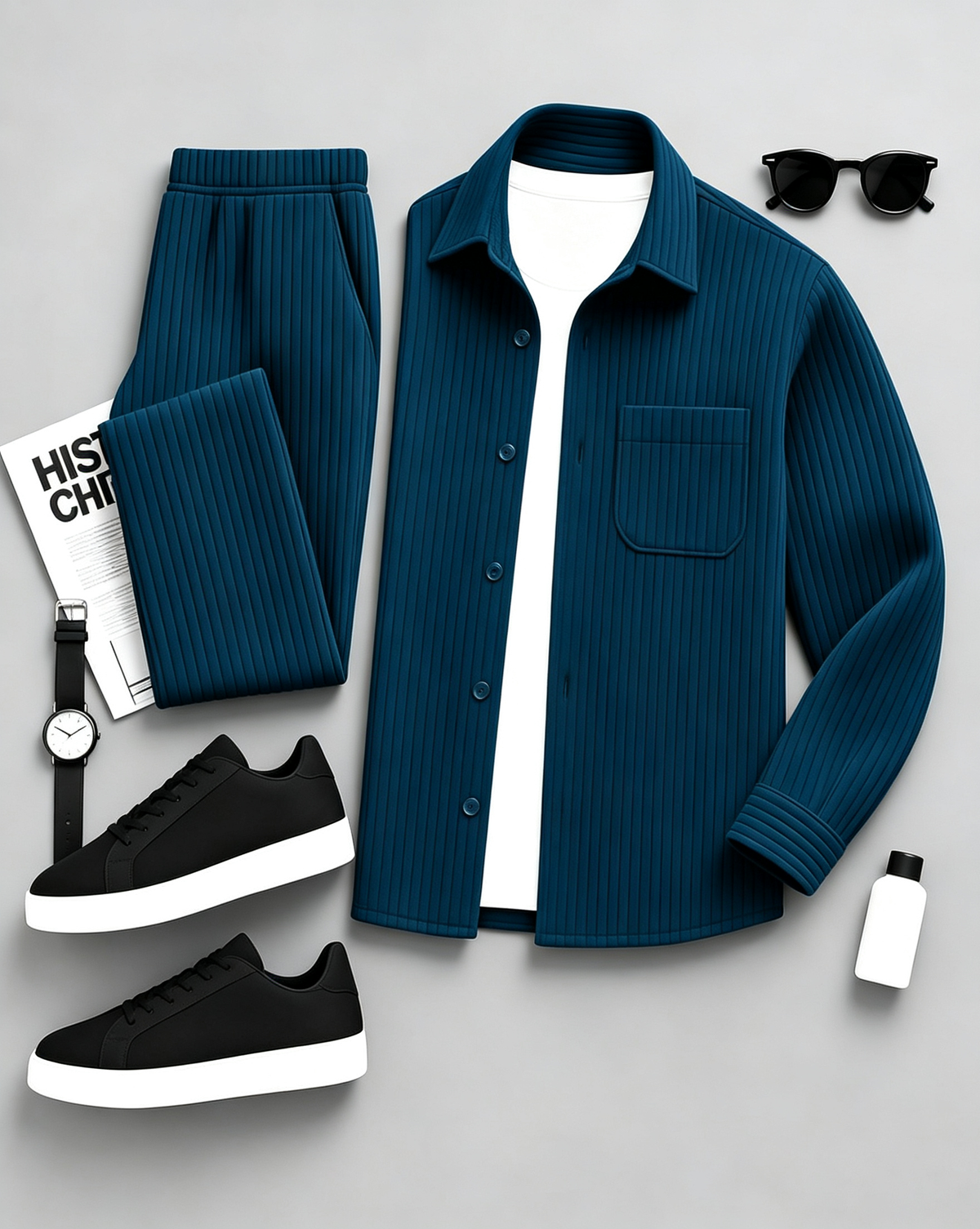 Men's Long-Sleeve Shirt and Pants Set with Subtle Patterns