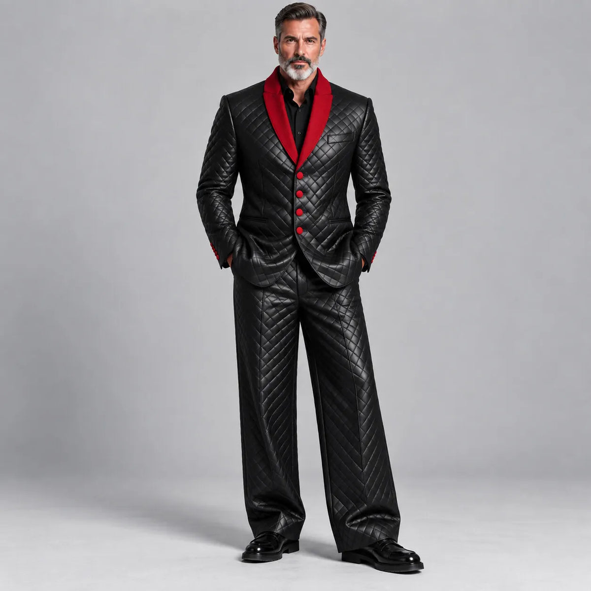Men's Black PU Leather Quilted Straight Wide Leg Casual Pants