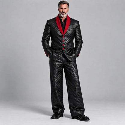 Men's Black PU Leather Quilted Straight Wide Leg Casual Pants