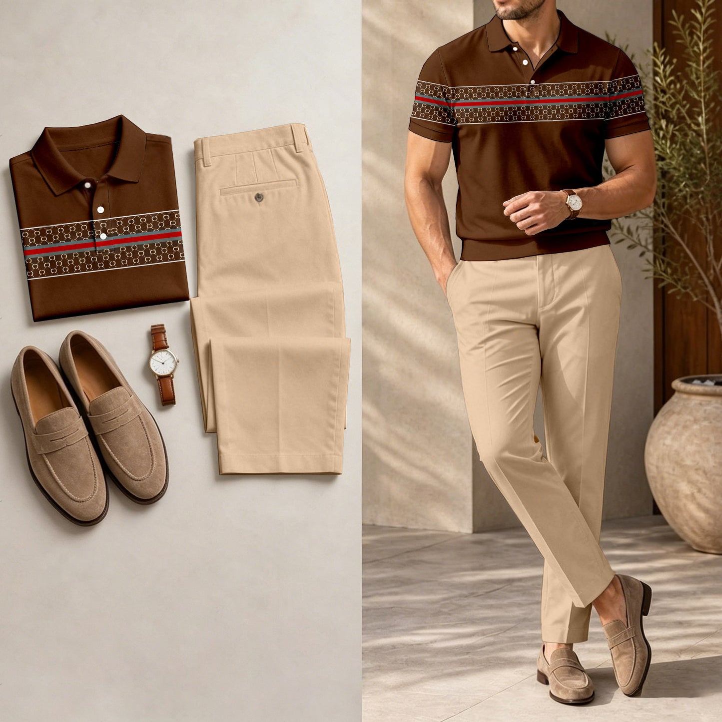 Men's Casual Dark Brown Stripes Printed Polo Shirt And Pants Two-Piece Set