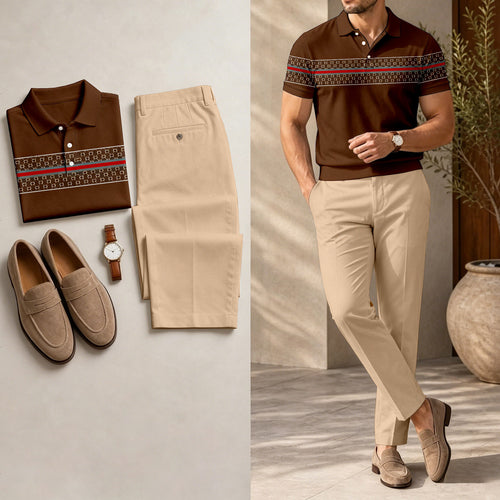 Men's Casual Dark Brown Stripes Printed Polo Shirt And Pants Two-Piece Set