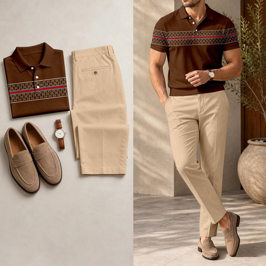 Men's Casual Dark Brown Stripes Printed Polo Shirt And Pants Two-Piece Set