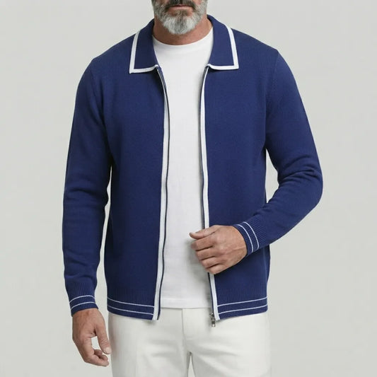 Men's Solid Color Contrast Binding Turndown Collar Zipper Knitted Cardigan