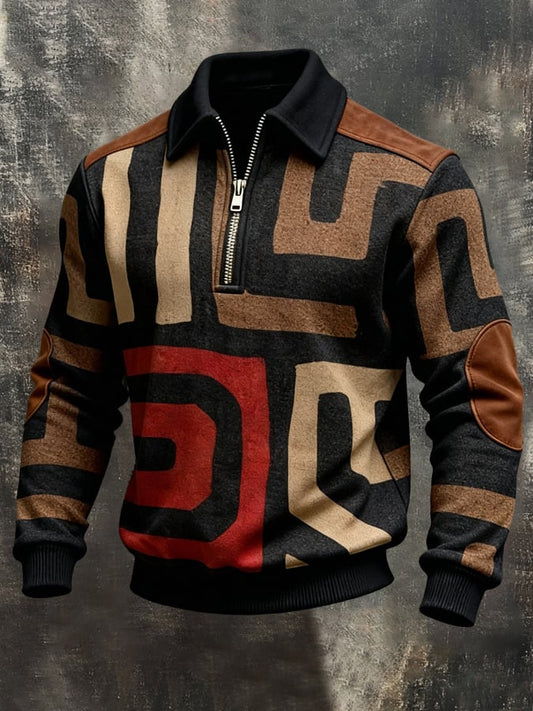 Men'S Vintage Color-Block Printed Zip-Up Sweatshirt