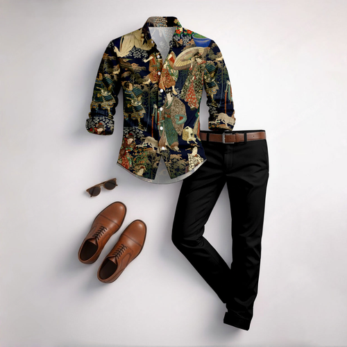 Men's Casual Color Matching Geometric Printed Long Sleeved Shirt & Trousers Two-Piece Set
