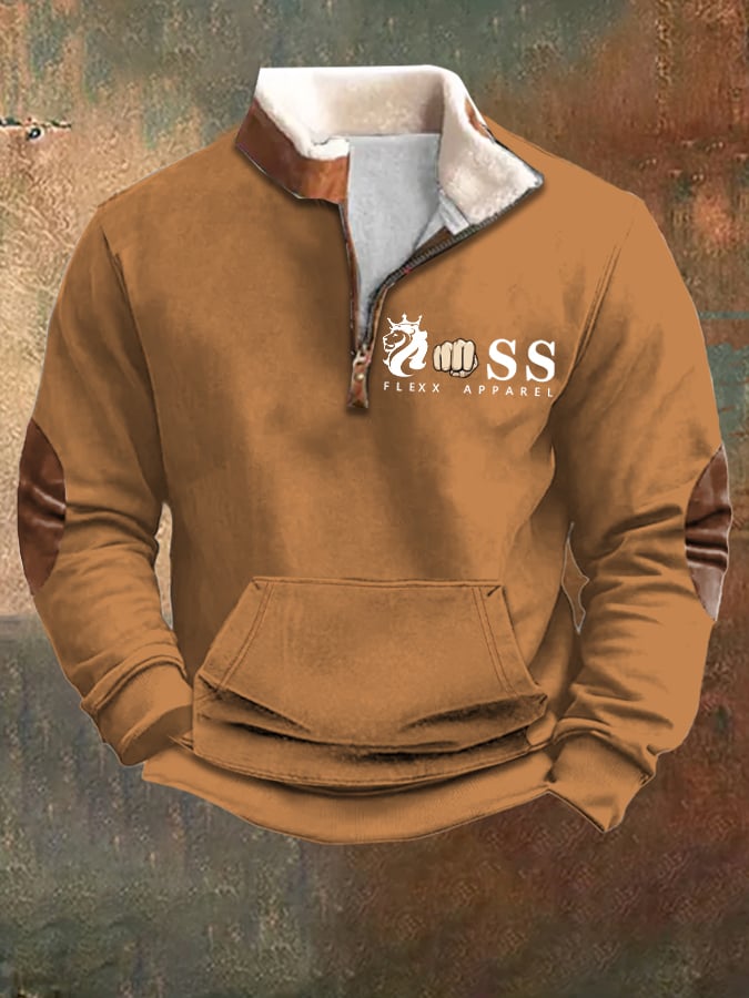 Men's Vintage Letter Design Printed Plush Stand Collar Zipper Sweatshirt
