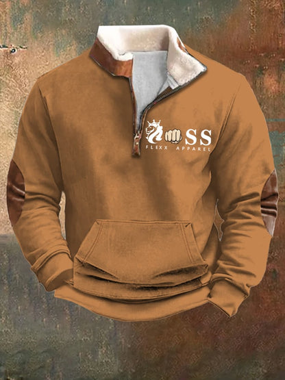 Men's Vintage Letter Design Printed Plush Stand Collar Zipper Sweatshirt