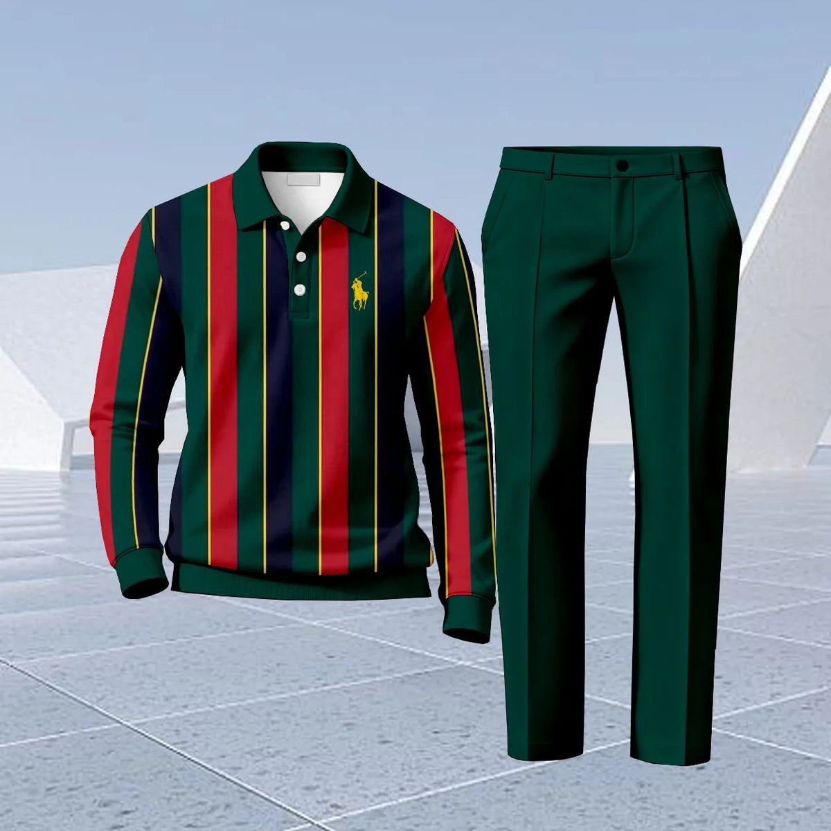 Men's Printed Polo Shirt and Pants Set