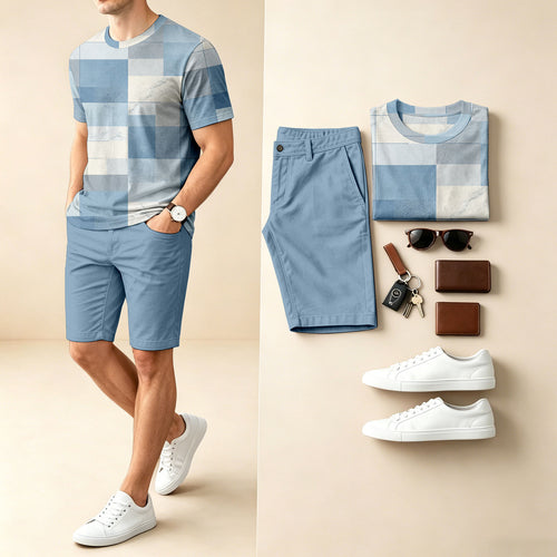 Men's Casual Checkered Crew-Neck Short-Sleeve T-Shirt And Shorts Two-Piece Set