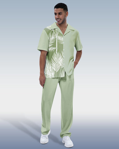 Rianmond Men's Green Leaf Print Short Sleeve Hiking Suit