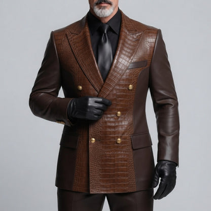Men's Dark Brown PU Leather Crocodile Pattern Peak Lapel Double-Breasted Two-Tone Blazer