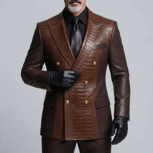 Men's Dark Brown PU Leather Crocodile Pattern Peak Lapel Double-Breasted Two-Tone Blazer