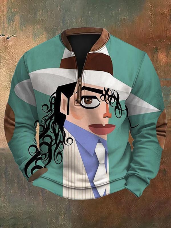 Men's Fashion Casual Artistic Figure Print Zipper Neck Sweatshirt