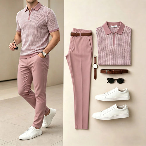 Men's Ice Silk Zipper-Front Knit Short-Sleeve Polo Shirt and Pants Two-Piece Set (Accessories Not Included)