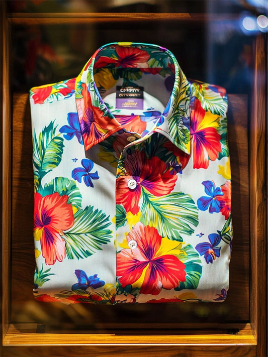 Men's Satin Luxe Hawaiian Print Short Sleeve Button Shirt