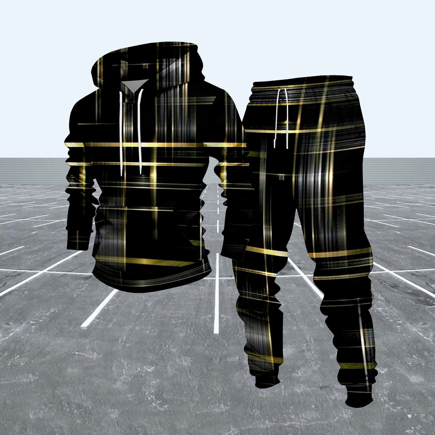 Men's Casual Black & Gold Color Matching Checkered Pattern Hoodies Long-Sleeve Sweatshirts & Sweatpants Two-Piece Set