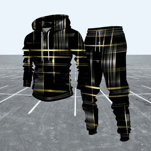 Men's Casual Black & Gold Color Matching Checkered Pattern Hoodies Long-Sleeve Sweatshirts & Sweatpants Two-Piece Set