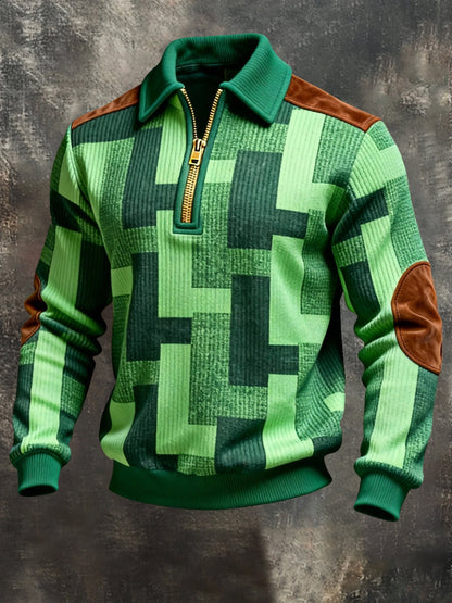 Men's Vintage Color-Block Printed Zip-Up Hoodie